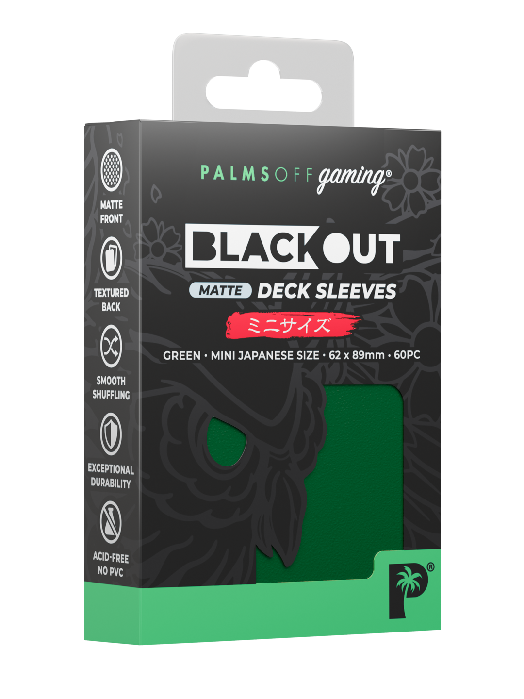 Palms Off Gaming Blackout Deck Sleeves - Japanese Mini Size - 60pc - Green - Matte